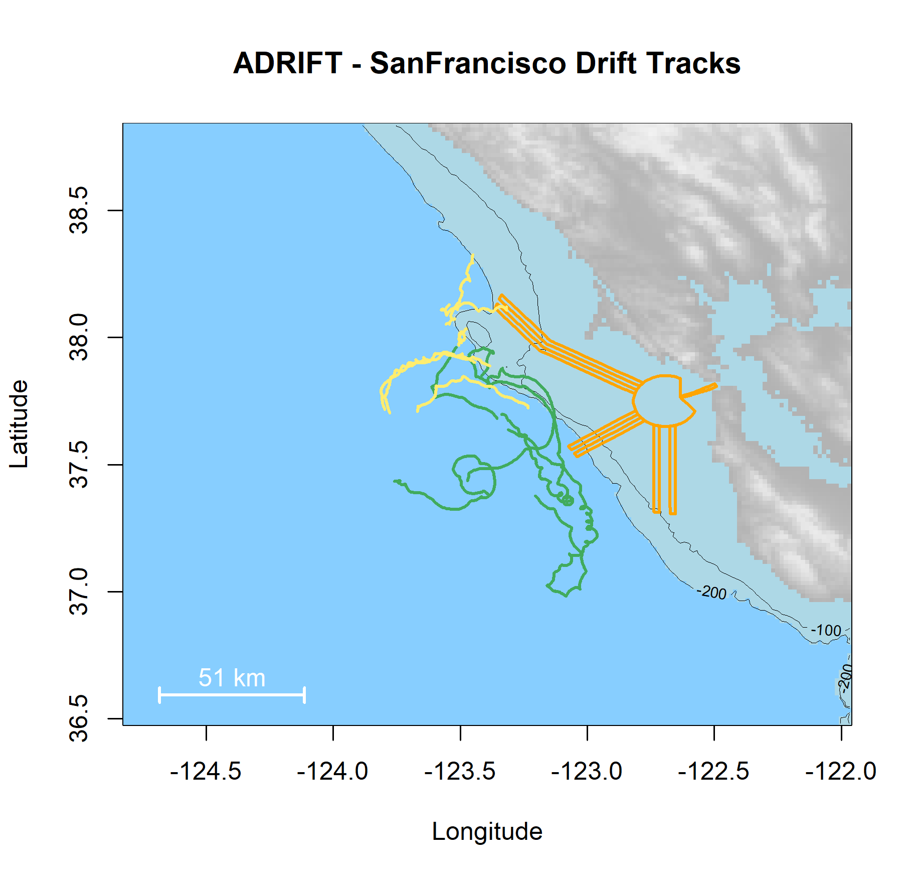 Map of the Adrift San Francisco study area with plots of geoposition tracks of successful drifts during the upwelling season shown in green and the post-upwelling season shown in yellow. The shipping lanes are outlined in yellow. Latitude is on the x-axis, and Longitude is on the y-axis. Bathymetry is shown with light blue for the shelf and slope waters, and dark blue for deep ocean waters. A 100 m and 200 m isobath line are provided.